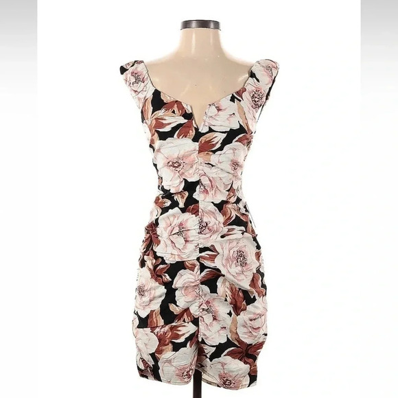 Express Floral Print Linen-Blend V-Bar Ruched Mini Dress Size XS NWT - Picture 4 of 6